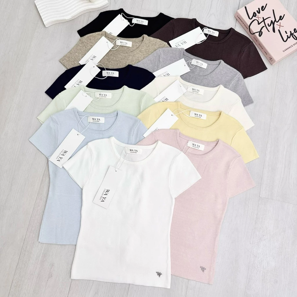 WA YA 2513เสื้อยืดคอกลมผ้าไหมพรม แต่งอะไหล่เงิน