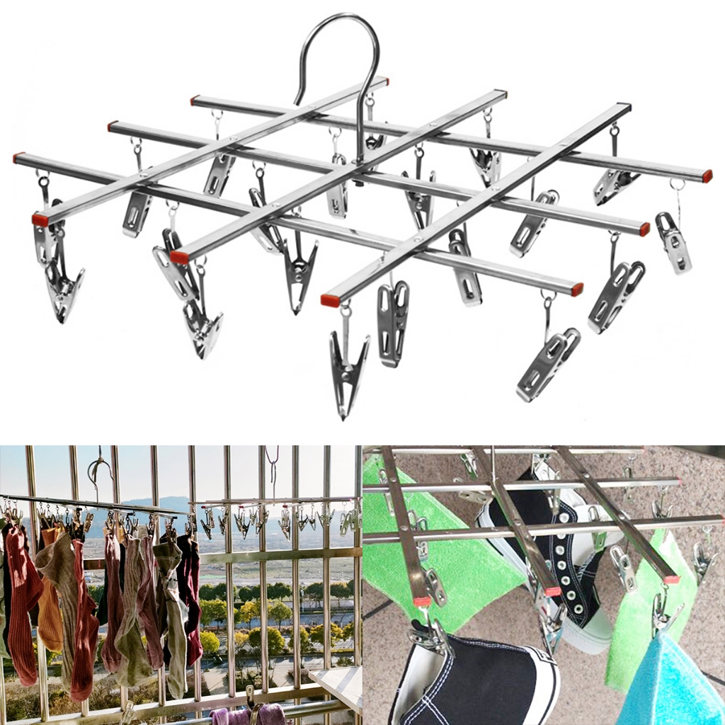 Clothes Drying Hanger Foldable Sock Hanger with 20 Clips Stainless Steel Laundry Drying Rack