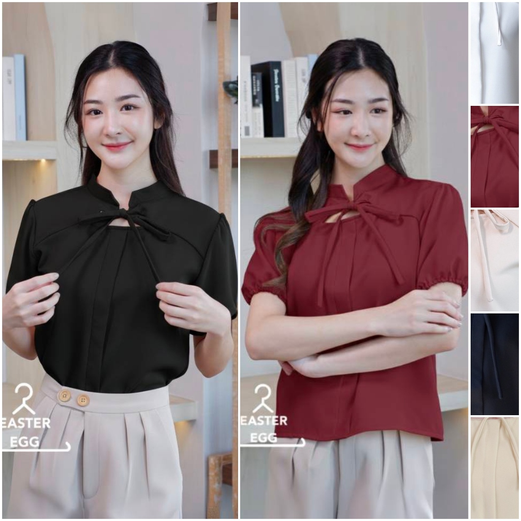 B03 เสื้อแขนสั้น คอจีน แต่งโบว์ผูกด้านหน้า แขนตุ๊กตา เสื้อดำ เสื้อแดง Easter Egg