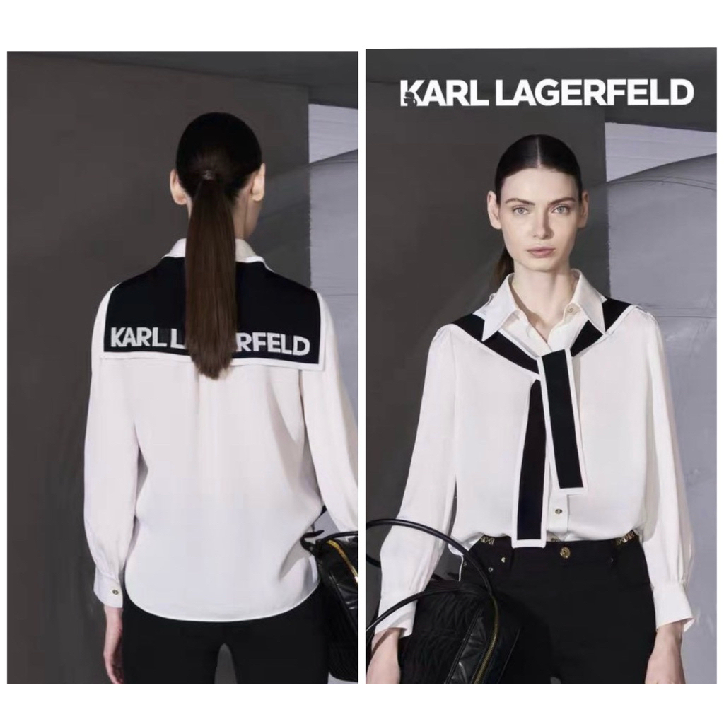 เสื้อเชิ๊ตผ้าชีฟอง Karl lagerfeld กระดุมทอง + ผ้าไหมพรมคลุมไหล่ ทอลาย โลโก้ ขาว ดำ