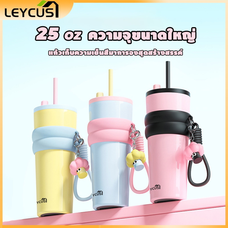 Leycus แก้วสแตนเลสเก็บอุณหภูมิ ความจุ 25oz (740ml) เก็บได้ทั้งร้อนและเย็น ดีไซน์สีพาสเทลน่ารัก