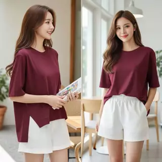 A405 เสื้อยืดคอกลมผ่าเฉียงแต่งขอบ หน้าสั้น - หลังยาว