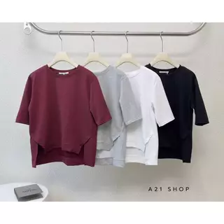 A405 เสื้อยืดคอกลมผ่าเฉียงแต่งขอบ หน้าสั้น - หลังยาว