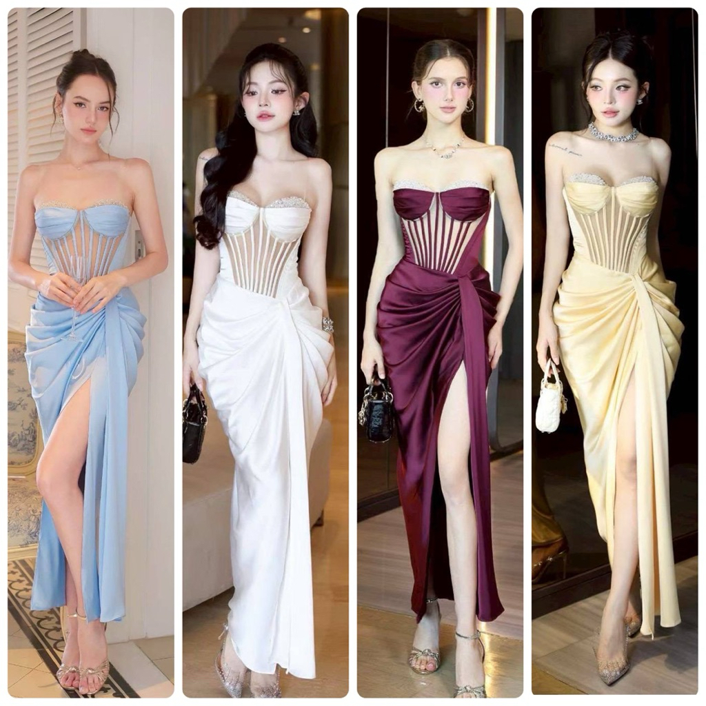 OBIBII ชุดเดรสยาวออกงาน สไตล์ครอเซท จับจีบข้างสะโพกยกสูงผ่าข้างโชว์เรียวขา