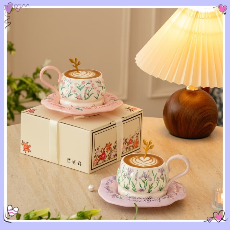 ชุดแก้วกาแฟลิลลี่ฝรั่งเศส กระเบื้องลายดอกไม้ระบาย ความสวยงามสูง แก้วทำงาน แก้วคู่ สำหรับใช้ในบ้าน แก้วมัคค์