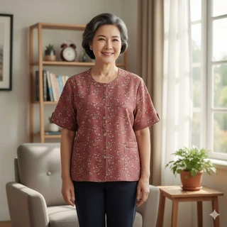 #C2(Size M) แขนสั้นเสื้อคอกระเช้าลายดอก เสื้อคนแก่ ขนาด อก=ขนาด อก= 40" , ยาว=18" )