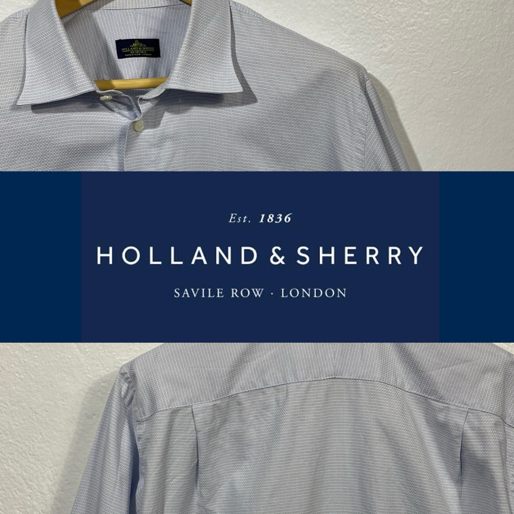 HOLLAND & SHERRY BLUE COTTON BESPOKE LS SHIRT ( ประมาณ XL ) 🇬🇧 ✨