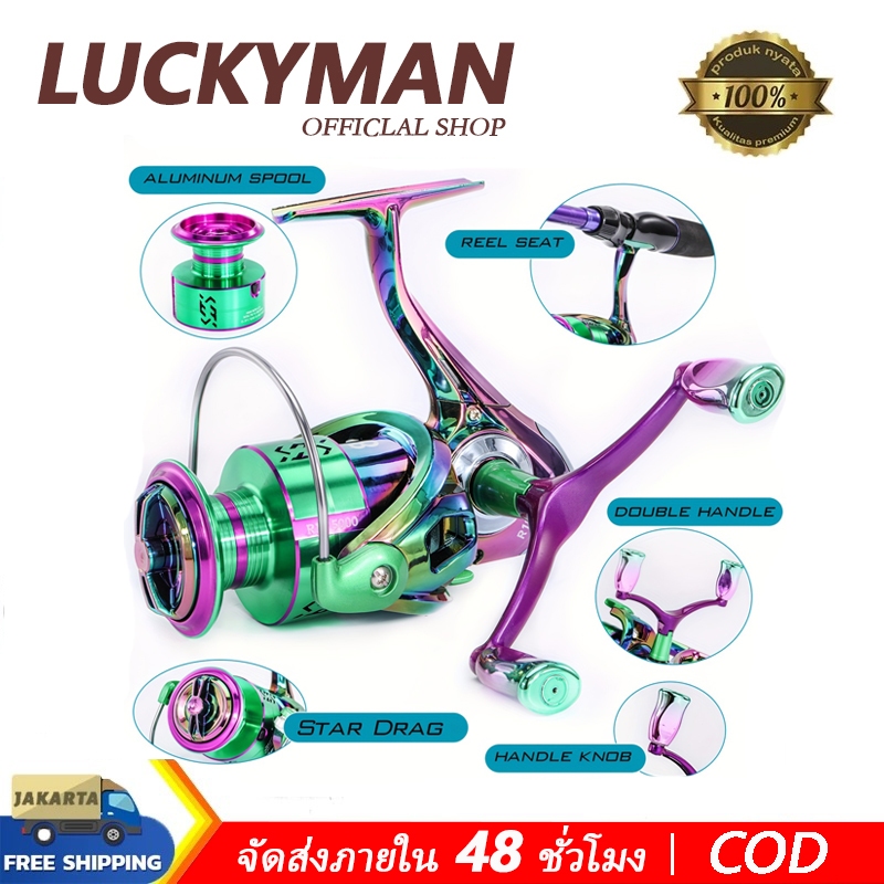 LUCKY MAN ด้ามจับคู่, ความเร็วรอบ 1000-5000 รอบต่อนาที, รับน้ำหนักลากจูงสูงสุด 20 กิโลกรัม, รอกตกปลา