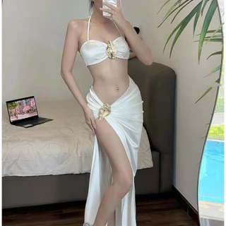 พร้อมส่ง ✨ ชุดว่ายน้ำผู้หญิง Bikini บิกินี่เซ็ต 3 ชิ้น อะไหล่เปลือกหอยทอง เรียบหรูดูแพง ใส่ไปเที่ยวคือที่สุด#1094