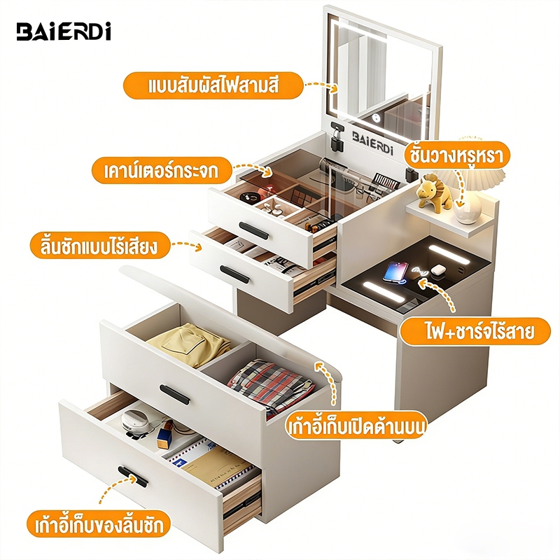 BAIERDI โต๊ะเครื่องแป้งและโต๊ะข้างเตียงไม้เนื้อแข็งอเนกประสงค์ เรียบง่าย มาพร้อมไฟสัมผัสสามสีและการชาร์จโทรศัพท์แบบไร้ส
