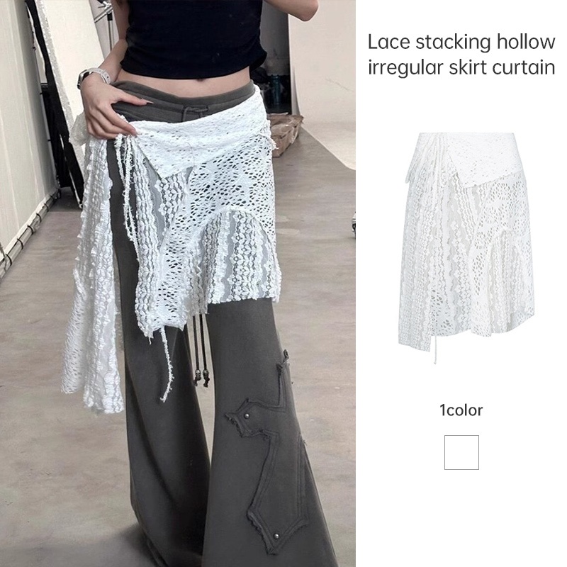 Lace-up Hollow-OUT ผ้ากันเปื้อนลูกไม้ผู้หญิง Layered Gauze กระโปรงผ้าม่านสีขาว Jacquard กระโปรง JD