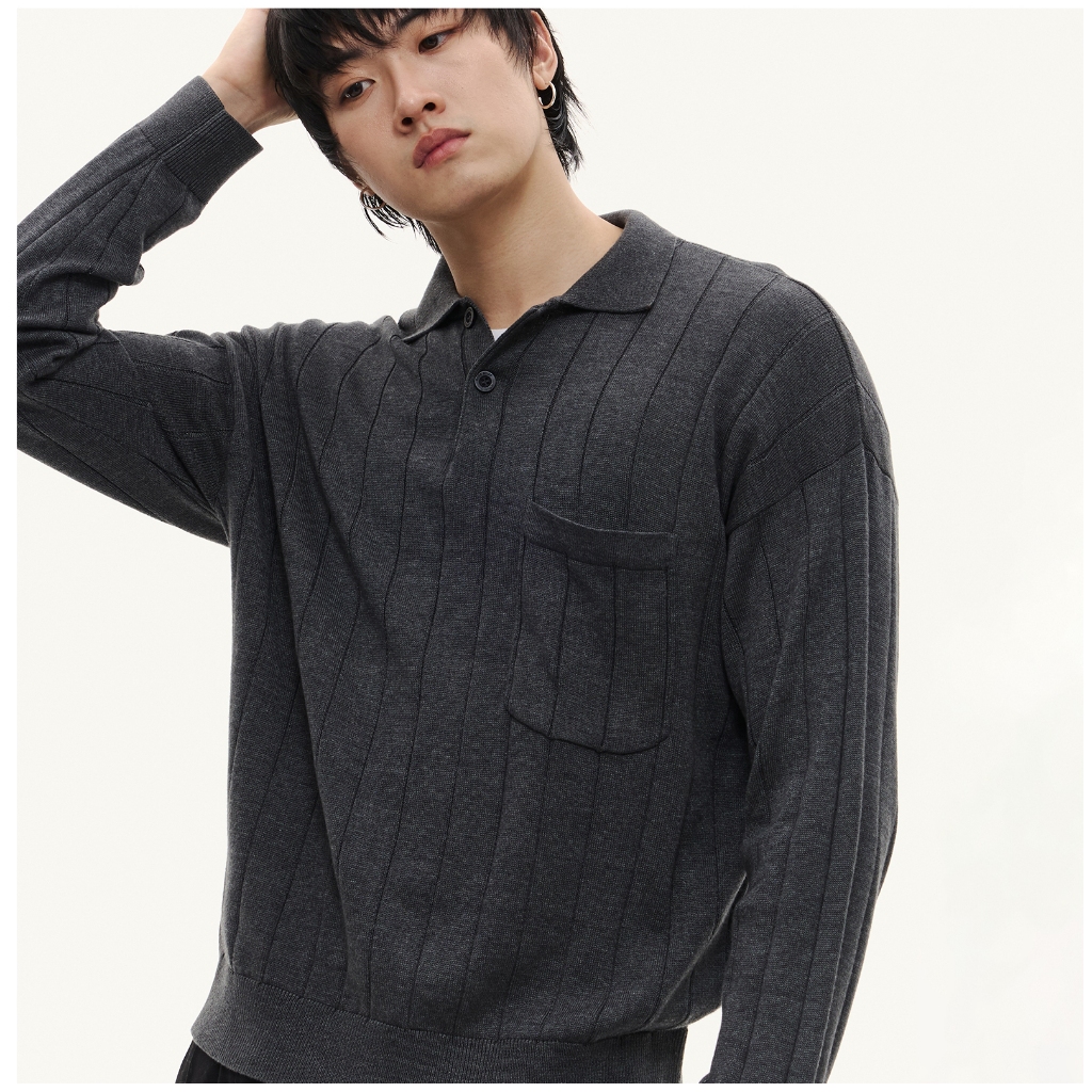 DAILY KNIT POLO ( CHARCOAL ) - เสื้อถักโปโลแขนยาว
