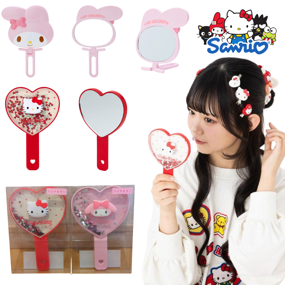 【Sanrio】กระจกมือถือรูปหน้า ตัวละคร ซานริโอ้ (Face Hand Mirror) กระจกพับตั้งได้ Hello kitty Kuromi