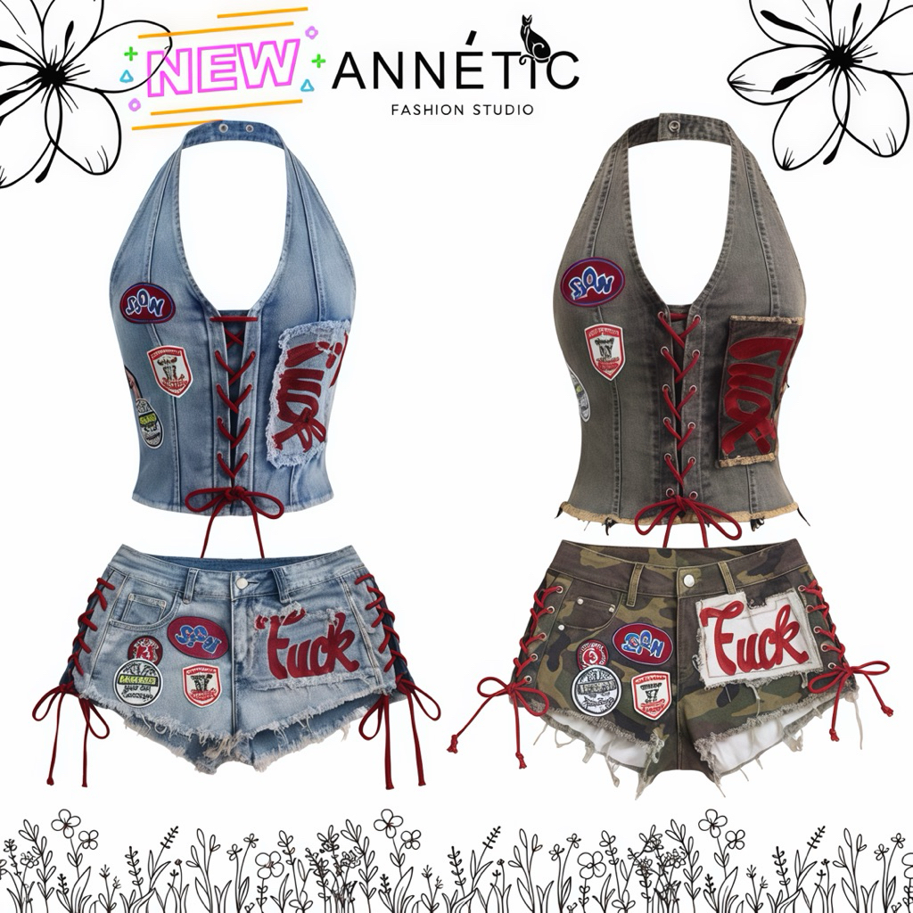 ชุดยีนส์เอวต่ำ เสื้อคล้องคอ กางเกงยีนส์ขาสั้น ปาร์ตี้ คอนเสิร์ต วินเทจ