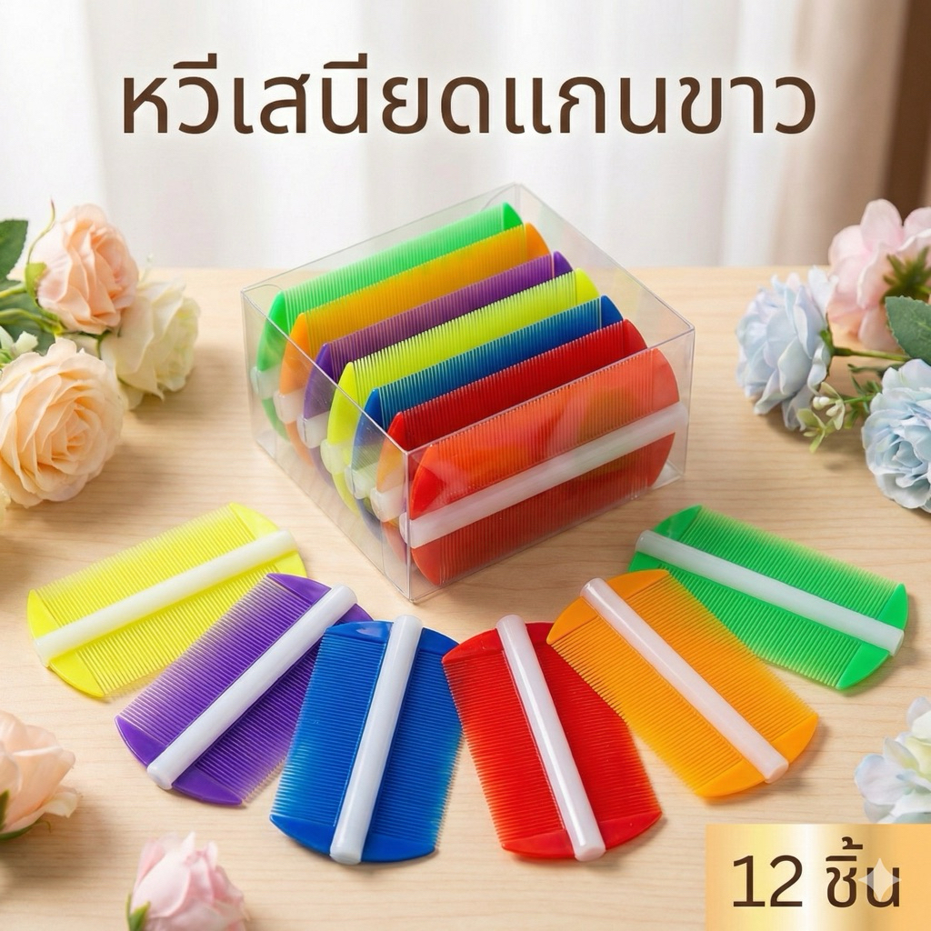 🌷ยกโหล🌷หวีเสนียดแกนขาว 12 ชิ้นคละสี มีราคาส่ง Z0145