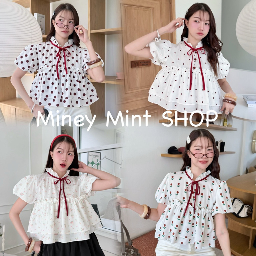 miniminey🍒เสื้อแขนตุ๊กตาผูกโบ แต่งระบายชายลายน่ารัก ชายระบาย 2 ชั้น ทรงเจ้าหญิง