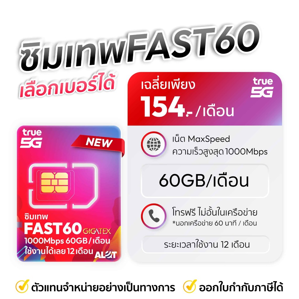ซิมเทพ  ซิมเทพ Fast60 1000Mbps 60 GB  ซิมทรูมูฟ Sim True ซิมเทพทอร์ ซิมเทพโทรไม่อั้น โทรฟรี ซิม 5G 1