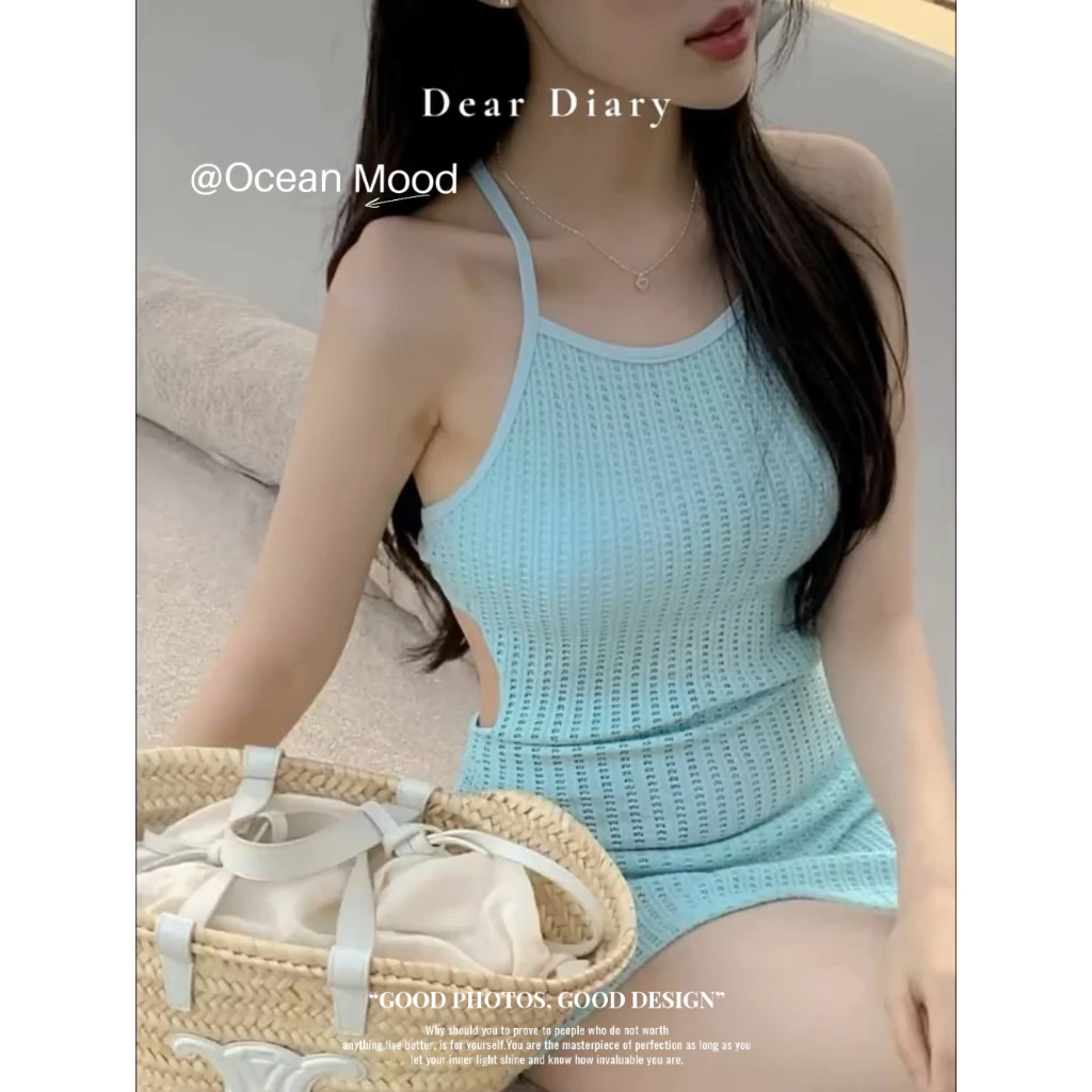 ชุดว่ายน้ำวันพีซ ผู้หญิง ถัก Halter เว้าเอว สไตล์เกาหลี หวาน เซ็กซี่ Beach Holiday | Ocean Mood