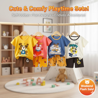 ลายใหม่!! [ชุดเซ็ทเด็ก] เสื้อแขนสั้น+กางเกงขาสั้น Size73-130…