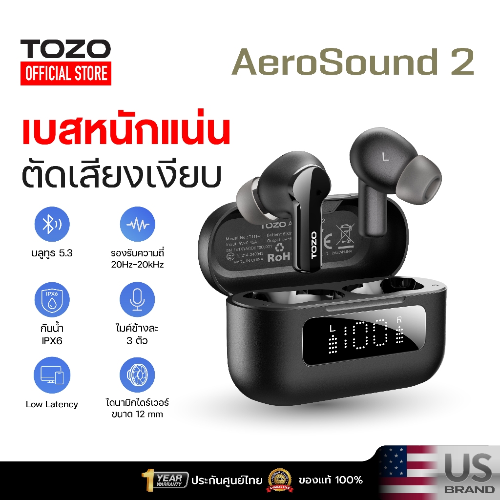 [ประกันศูนย์ไทย] TOZO AeroSound 2 หูฟังบลูทูธ หูฟังเบสหนัก หูฟังอินเอีย แบตอึด Bluetooth 5.3 แบต 12 ชม. IPX6 Game Mode