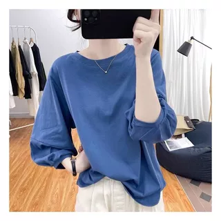 เสื้อยืดแขนยาวทรงหลวมสไตล์เกาหลี สีพื้น Oversize เสื้อผ้าสาวอวบมินิมอลน่ารักๆ เสื้อแขนบอลลูนแฟชั่นสวยๆผู้หญิงฤดูร้อนใหม่