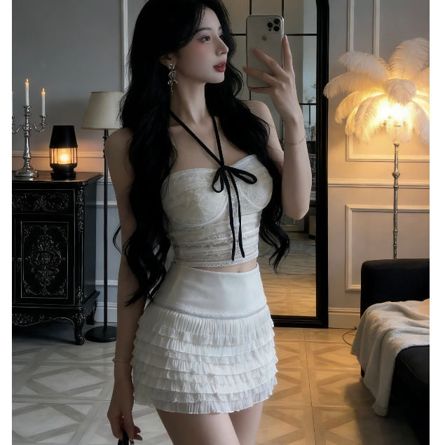 อารมณ์หวานร้อนแรงสาวกระโปรงสั้นจีบลูกไม้หญิงฤดูร้อนออกแบบเพรียวบางพร้อมกางเกงนิรภัยเข้าชุดกระโปรงทรงเอ