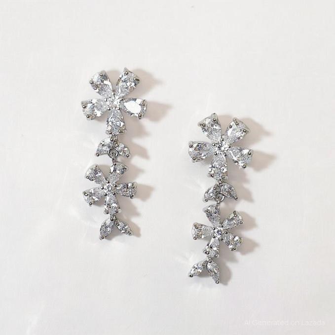 Neriza Jewelry/ต่างหูเพชรระย้าประกายไฟเทียบเท่าเพชรแท้ เครื่องประดับเจ้าสาว พร้อมกล่อง NE084