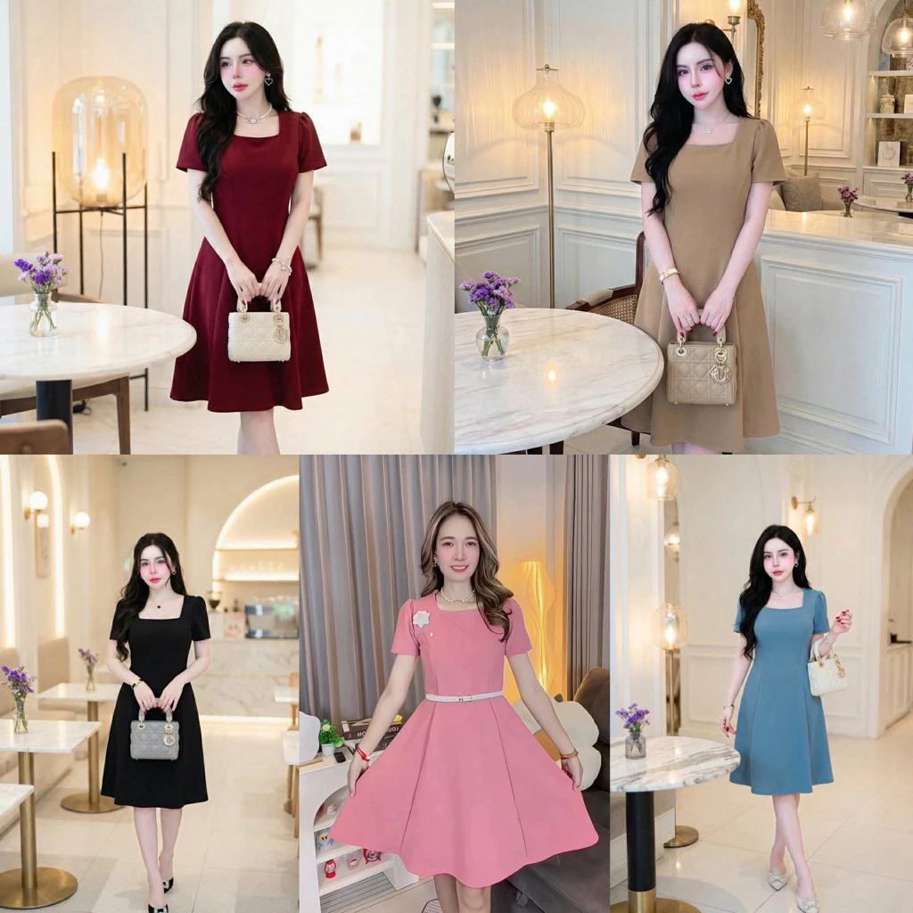 LR13_ชุดเดรสสีพื้นเรียบหรู ชุดเดรสทรงเอ (A-line) เรียบหรู ดูดี