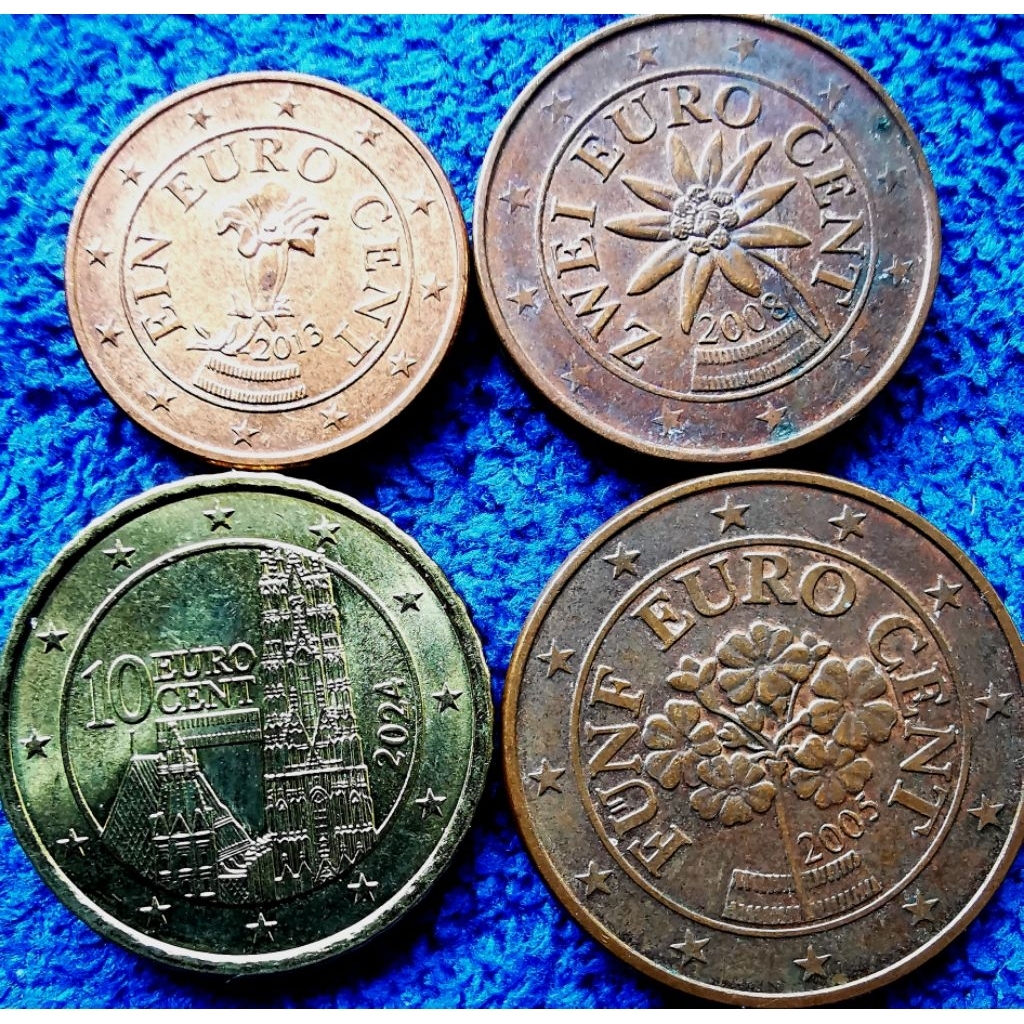 เหรียญ​ต่างประเทศ​ ออสเตรีย​ Austria, ชุด​ ยูโร​ Euro,​1,2,5,10 Cent, ใช้แล้ว, # 314