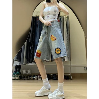 Swan shop (ไชด์S-6XL) กางเกงยีนส์ขาสั้น สามส่วน ทรงหลวม สไตล์สตรีท ลายแปะการ์ตูนน่ารัก วินเทจ พร้อมส่งจากกรุงเทพค่ะ