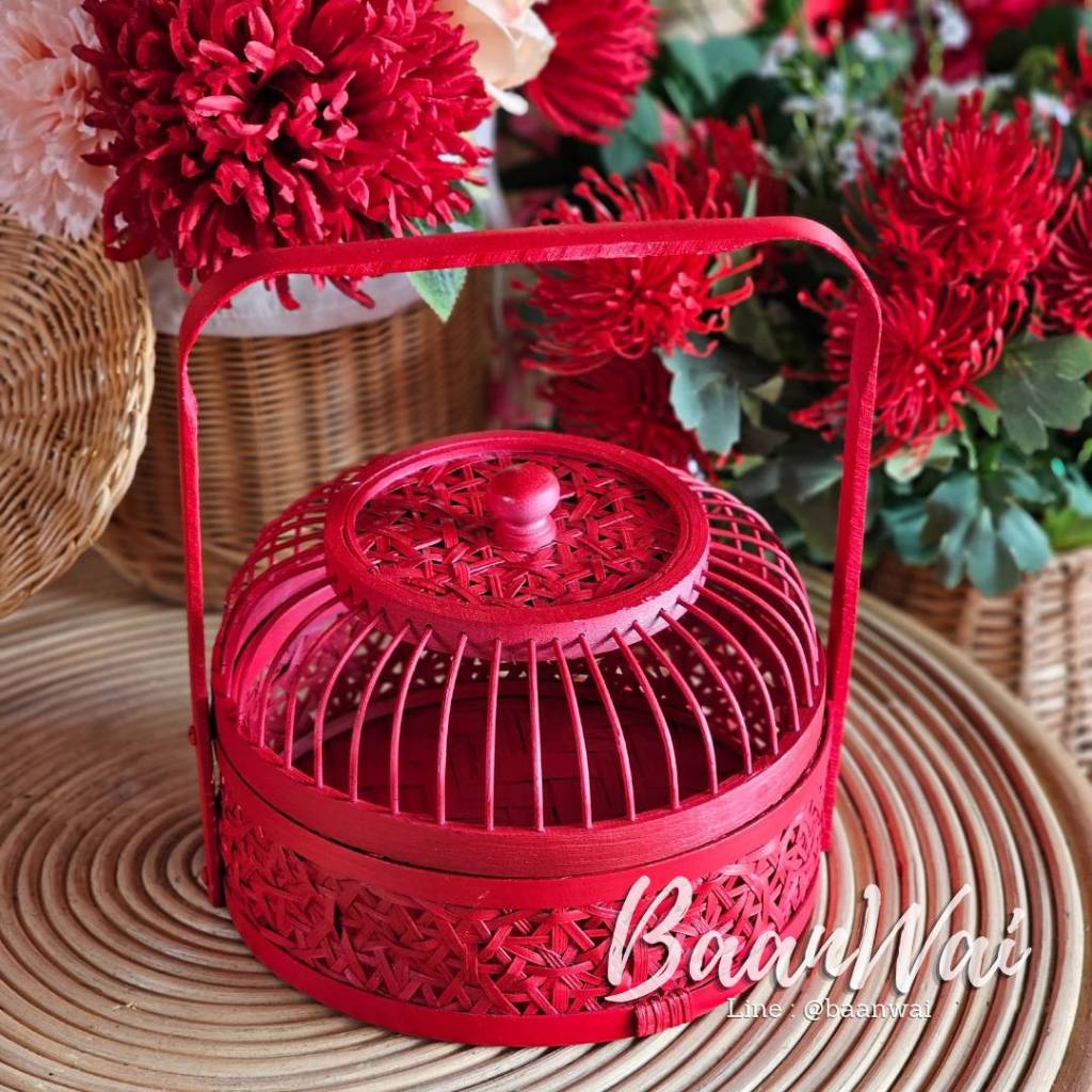 บ้านหวาย-ปิ่นโตลายพิกุล 8 นิ้ว รุ่นฝากรงนก 1 ชั้น สีแดง
