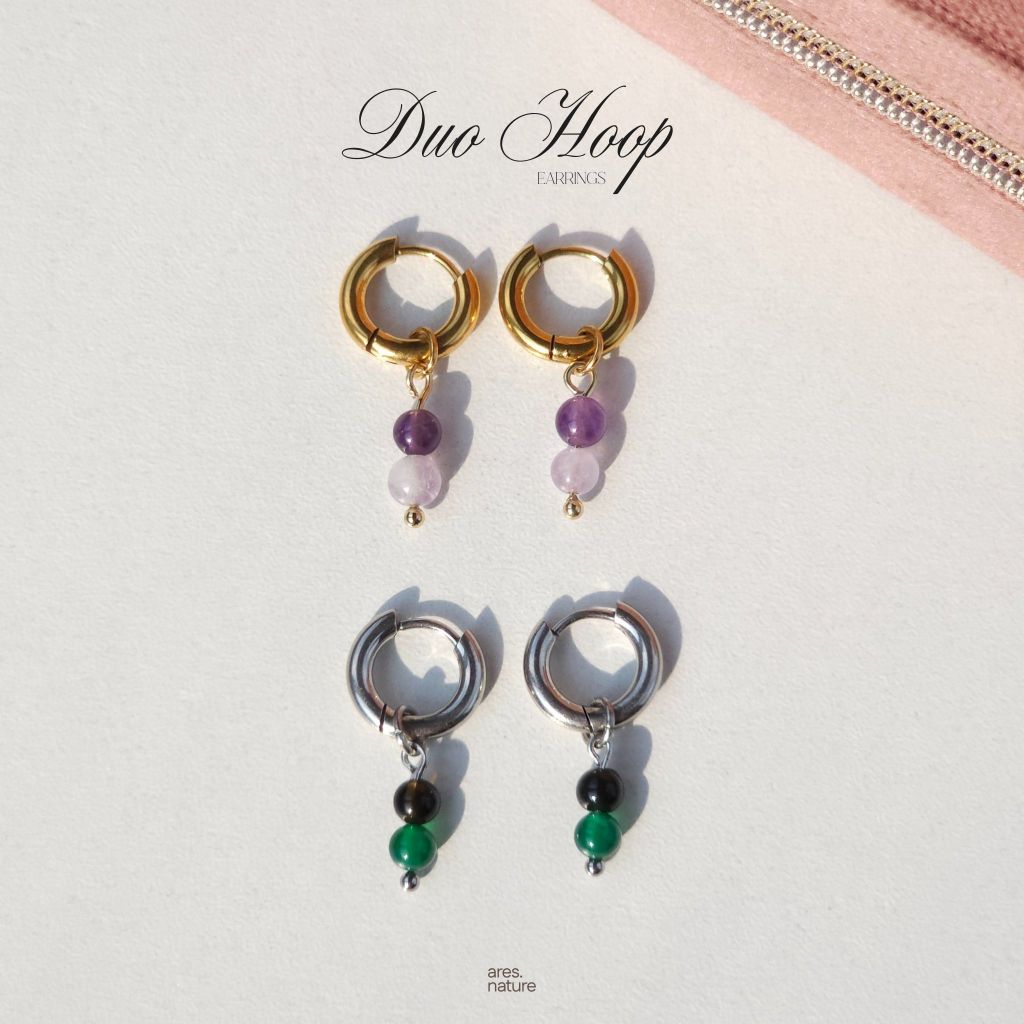 ares.nature - ต่างหูหินแท้ รุ่น Duo Hoop ต่างหูสแตนเลส (เลือกหินเองได้)