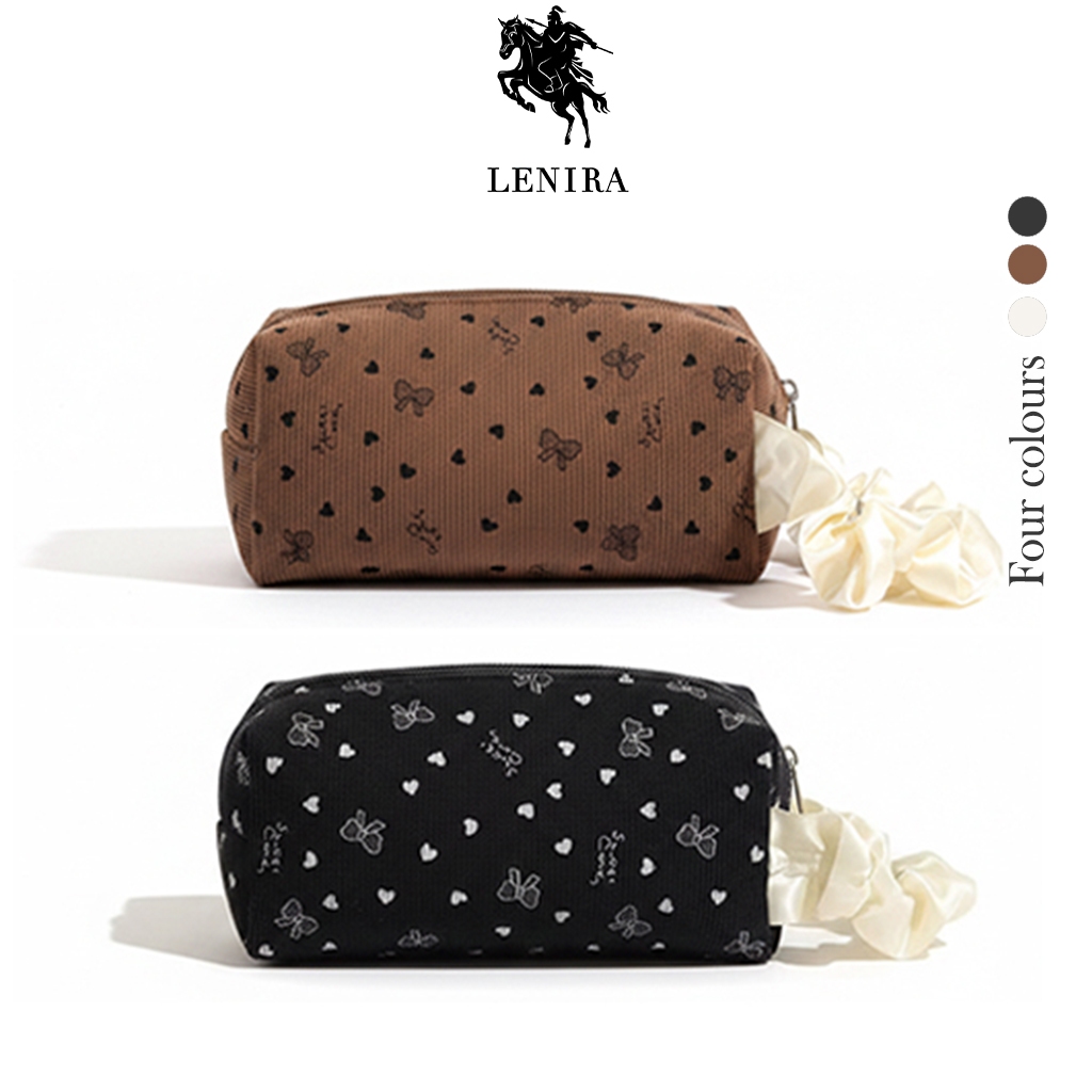 ส่งด่วน Lenira (B2568) กระเป๋าจัดระเบียบเครื่องสำอางค์ ผ้าลูกฟูกลายโบว์-หัวใจ หูจับสายย่น