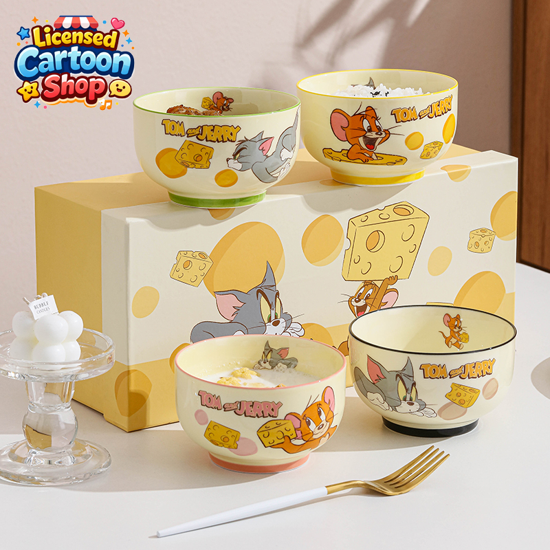 【ของแท้】Tom and Jerry ชุดชามเซรามิก 4 ใบ 4.5 นิ้ว ลายน่ารัก พร้อมกล่องของขวัญสุดหรู ของขวัญวันเกิด