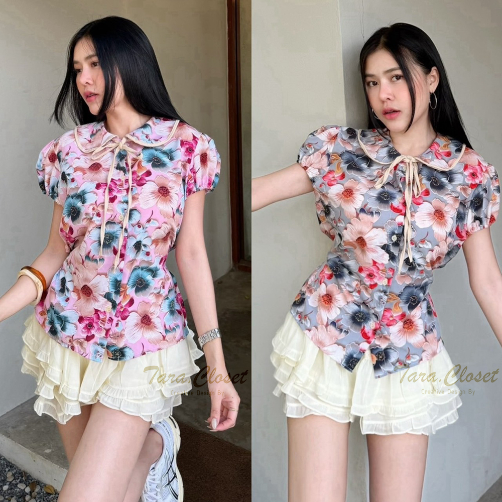 MR047 TARA Shirt เสื้อเชิ้ตคอบัว ลายดอก สงกรานต์ แขนตุ๊กตา กระดุมหน้า มีสายผูกโบว์ที่คอและด้านหลัง ผ้าไหมอิตาลีอย่างดี