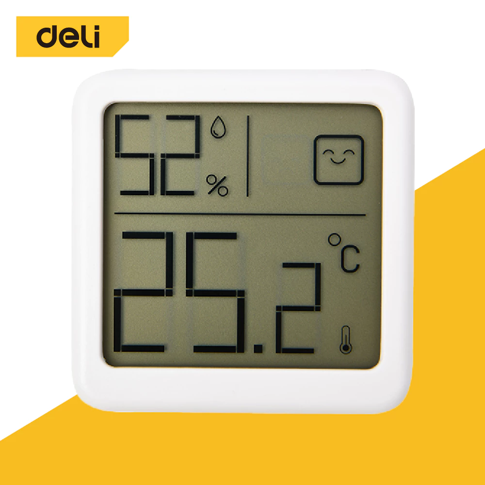 Deli เครื่องวัดอุณหภูมิ ความชื้นในห้องหน้าจอ LCD ตัวเลขขนาดใหญ่ หน้าจอชัด Self-lock Digital Thermometer