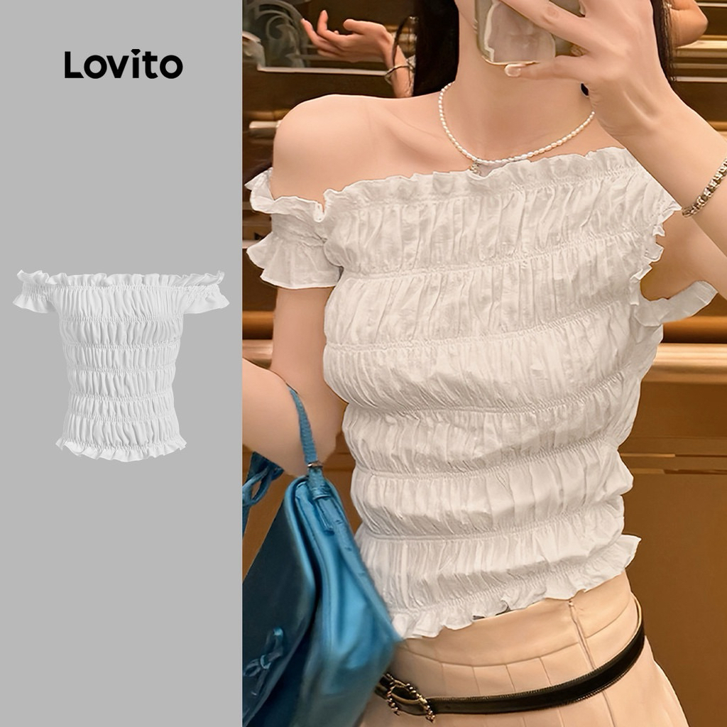 ส่งต่อLovito เสื้อเบลาส์ลำลอง สีพื้น ทรงสโมค สปริง/ซัมเมอร์ สีขาว สำหรับผู้หญิง L136AD421