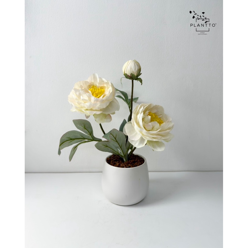 ต้นไม้ปลอม โบตั๋นขาว White Peony กระถางเซรามิค 12 cm
