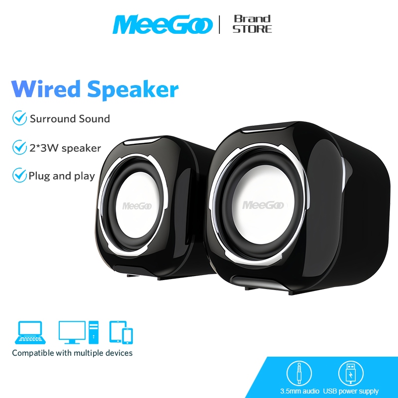 MEEGOO ลำโพงคอมพิวเตอร์เสียงขนาดเล็ก มัลติมีเดีย USB เสียง 3.5 มม. ที่ขับเคลื่อนด้วย USB พร้อมการควบคุมแบบมีสาย