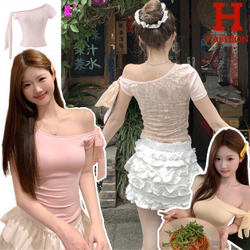 HOT พร้อมส่ง เสื้อแขนสั้น น่ารักๆ เปิดไหล่ แต่งสายลายลูกไม้สีพาสเทล ยืดพอดี FY2918