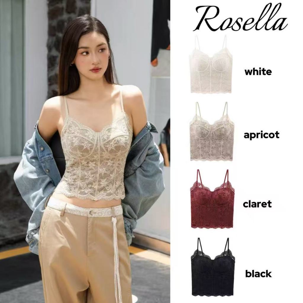 Rosella【สินค้าใหม่ 】เสื้อสายเดี่ยวปักลายลูกไม้สไตล์ฝรั่งเศส สายเดี่ยว คอวี และด้านหลังสวยงาม