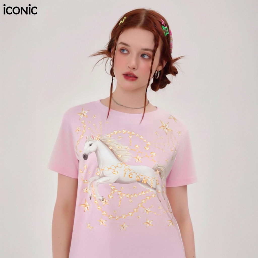 iCONiC LOVE HORSE T-SHIRT #20569 เสื้อยืด สีชมพู พิมพ์ลายม้าสีขาว