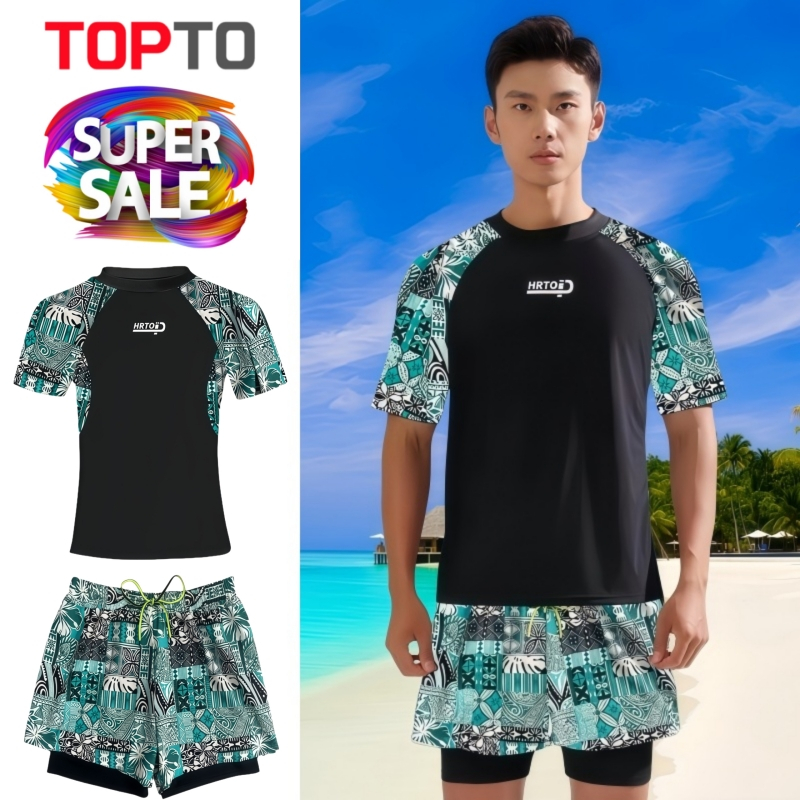 A68-ชุดว่ายน้ำชายเซต 2 ชิ้น (เสื้อแขนสั้น + กางเกงขาสั้นมีซับใน) ลายกราฟิก ชุดว่ายน้ำผู้ชาย สินค้าพร้อมส่งในไทย 🌴💦