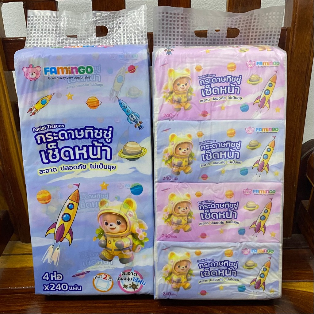 กระดาษทิชชู่ เช็ดหน้า Famingo หนานุ่ม ไม่เป็นขุย 240แผ่น