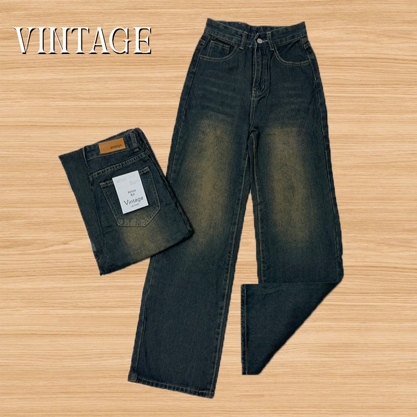 Vintage รุ่น #8040 กางเกงยีนส์ สนิม แต่งเฟดเข้ม ทรงกระบอก แต่งเฟดขา ทรงสวยผ้าไม่ยืด