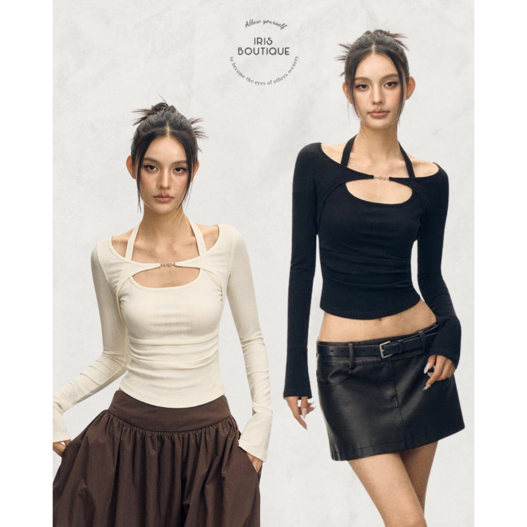 IRIS BOUTIQUE 26 ss Dairy IS97521 Side Puff Eye Top เสื้อแขนยาวเว้าหน้า ดีไซน์สายคล้องคอ ทรงเข้ารูป