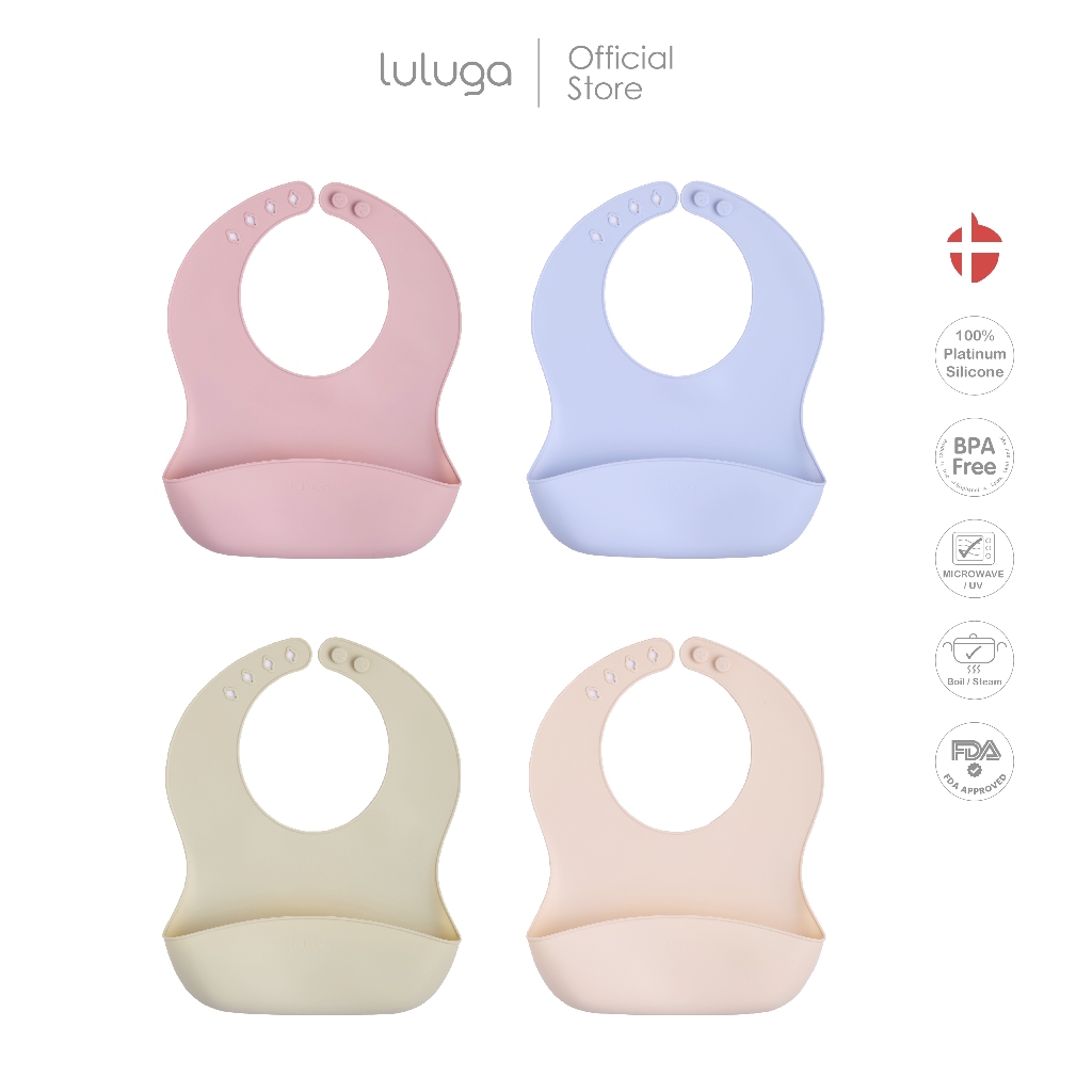 Luluga ผ้ากันเปื้อนซิลิโคนเด็ก มีถาดรองเศษอาหาร กันน้ำ Platinum Silicone นุ่มเบา BPA Free สำหรับเด็ก 6 เดือน+ ฝึกทาน BLW