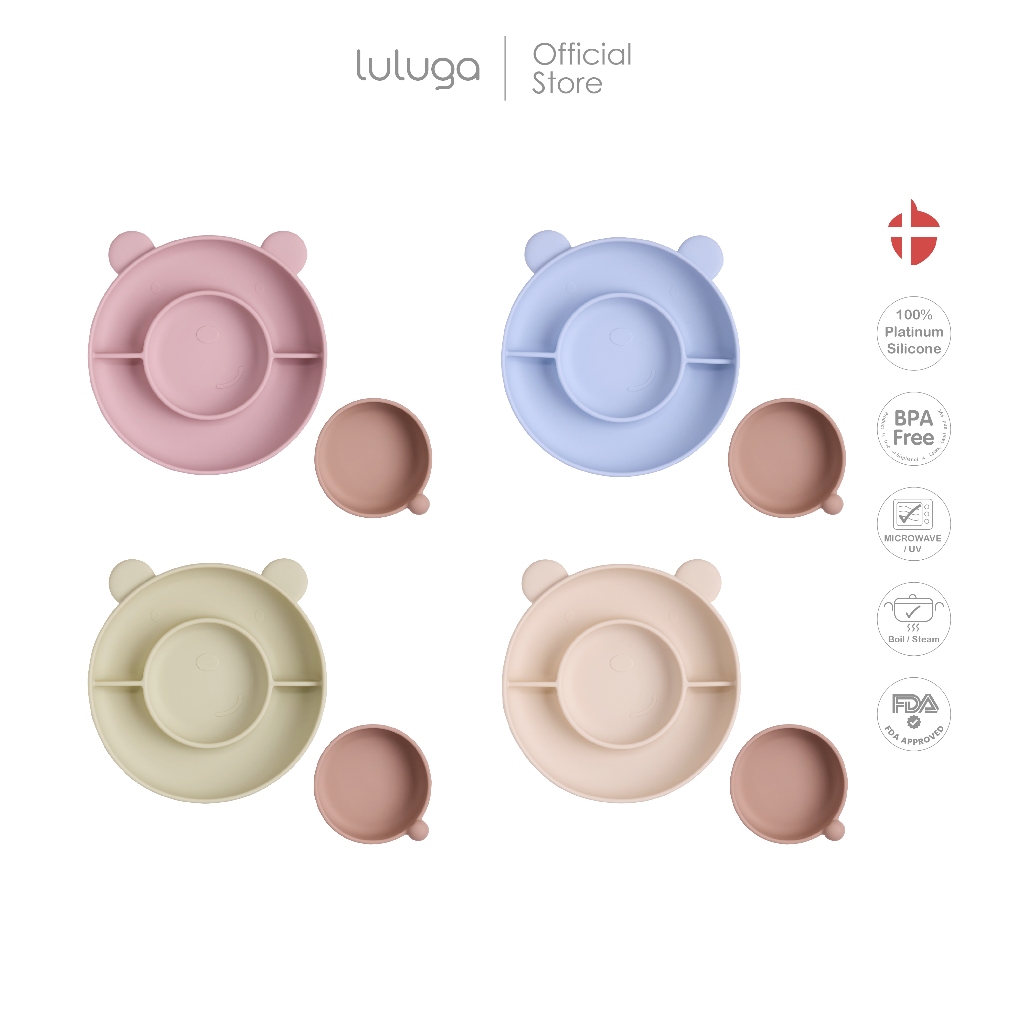 Luluga จานซิลิโคนเด็ก Bear จานดูดติดโต๊ะ แบ่ง 3 ช่อง พร้อมถ้วยแยกชิ้น Platinum Silicone สำหรับเด็ก 6 เดือน + ฝึกทาน BLW
