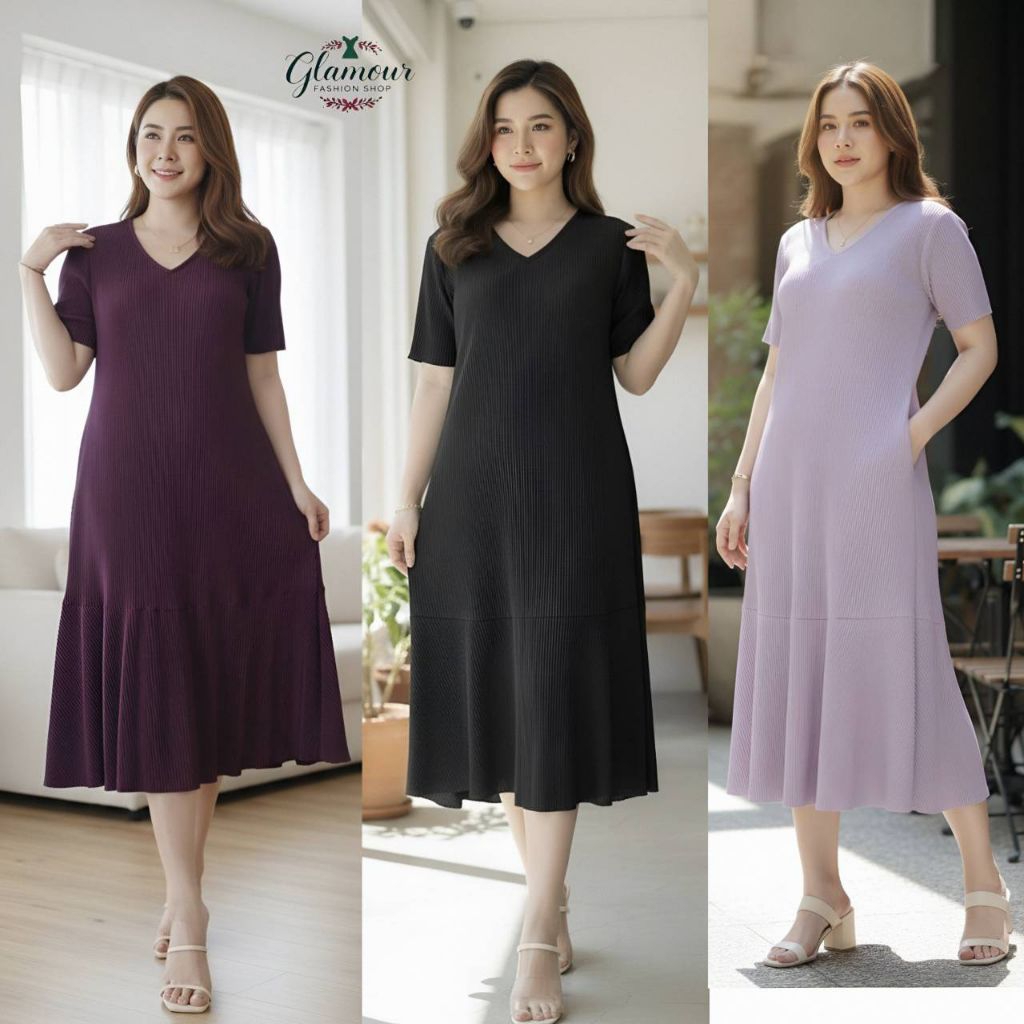 พร้อมส่ง.เดรสพลีทคอวีชายระบายสาวอวบ มีกระเป๋า 2 ช้าง ( อก 36 - 46 นิ้ว ) ใส่สวย เป็นผ้าพลีทเนื้อดีไม่บาง.