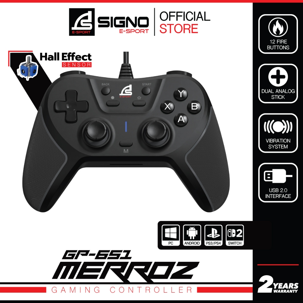 SIGNO GP-651 จอยเกมมิ่ง Gaming Controller Hall Effect ตั้งมาโครได้ สายยาว 2.2 ม. เชื่อมต่อแบบ USB
